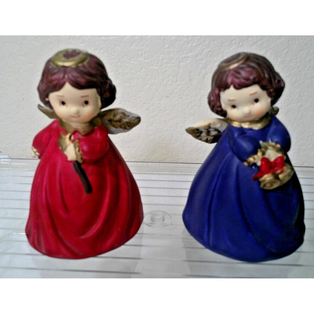 2 Vintage Angel Christmas Bells Red and Blue Angels 3.5"